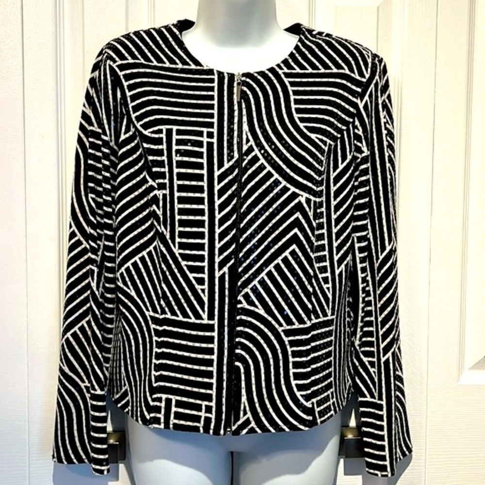 Frank‎ Lyman Black/White Abstract Design Zip Up Blazer Jacket Size 10